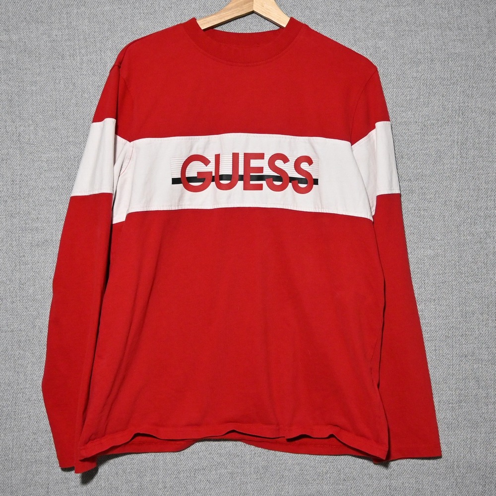 GUESS Long Sleeve T-Shirt Mens Colorblock Logo L Red
